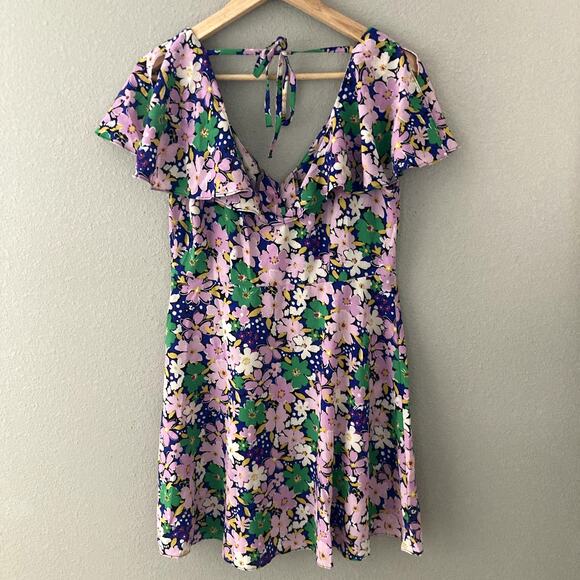 ASOS Design Flutter Sleeve Button Front Mini Dress - Purple Floral - 6 - Picture 7 of 8
